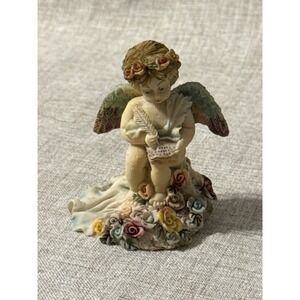 VTG Cherub Angel Figurine Writing On Flower Base Resin Special Issue for CWI 3"